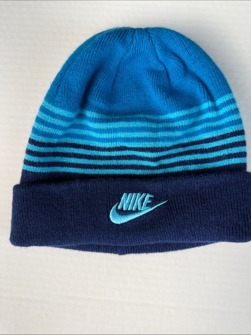 Nike Blue and Navy Striped Kids Knit Beanie Hat